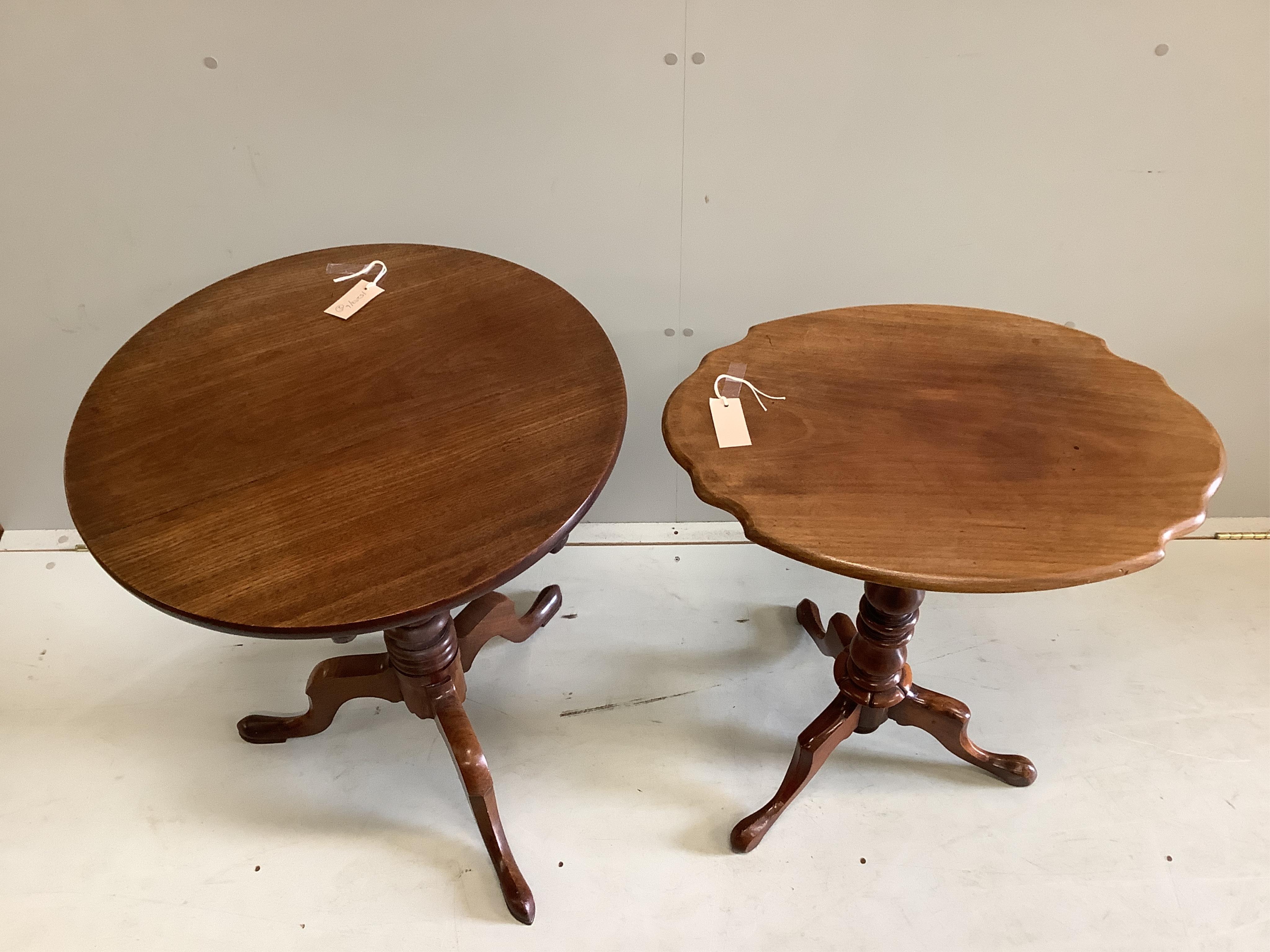 An early Victorian oval mahogany tripod wine table, width 60cm, depth 43cm, height 71cm, together with a 19th century circular mahogany tea table. Condition - fair